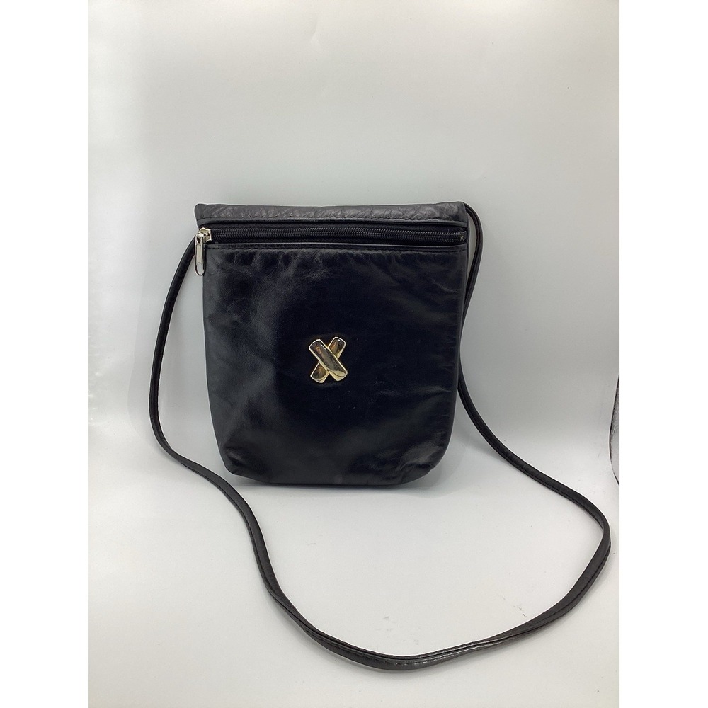 Vintage Paloma Picasso Black Leather X Gold Logo Shoulder Or Crossbody Bag Purse